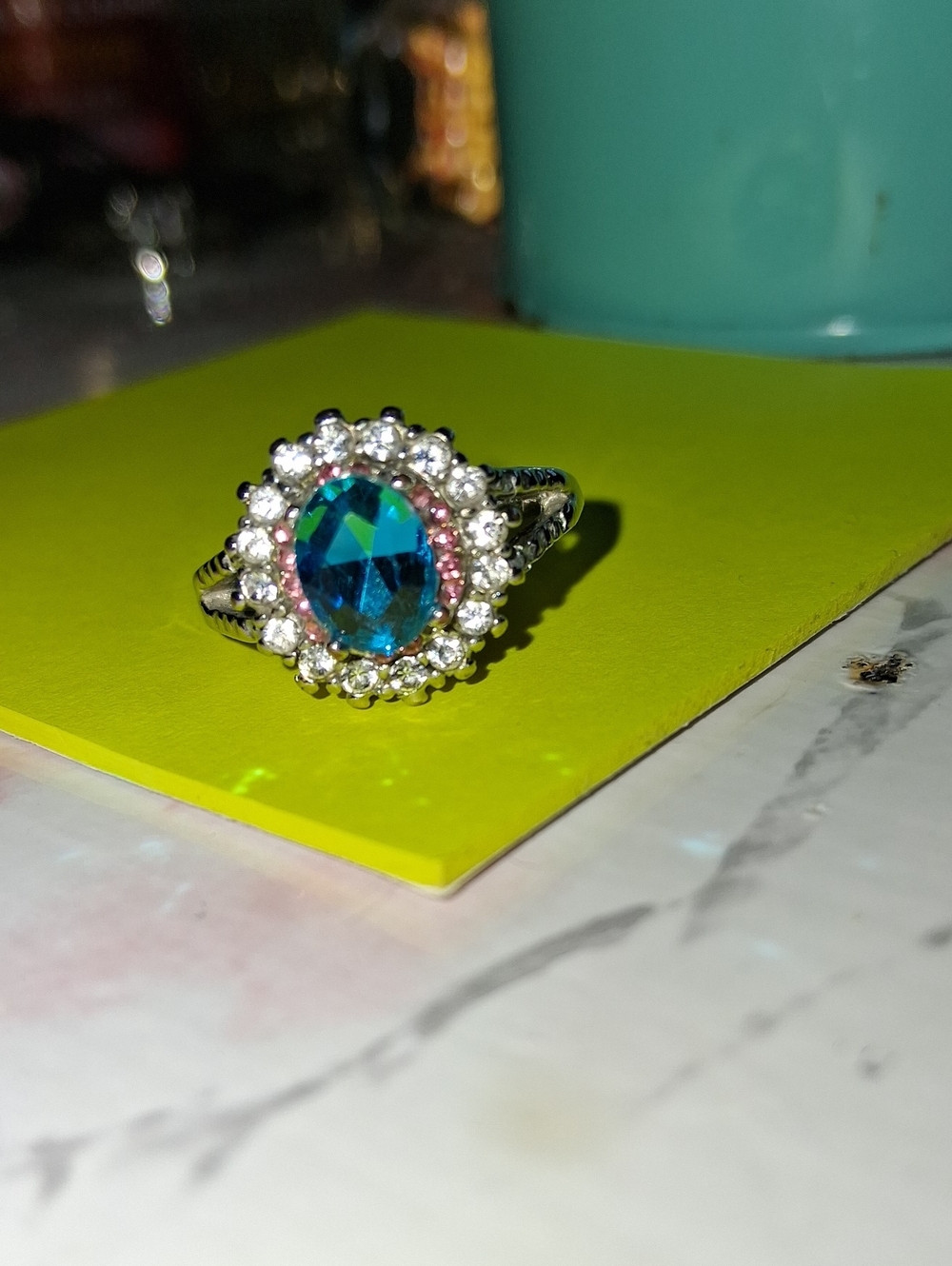 Statement Ring Blue Oval Halo Ring with Clear Accents - Women's Fashion Jewelry